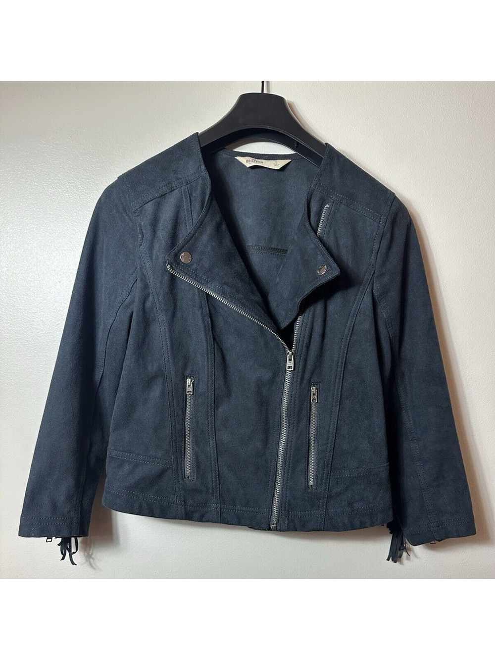 Hollister Jacket Womens Large Black Western Moto Fringe Biker Faux Suede Rodeo